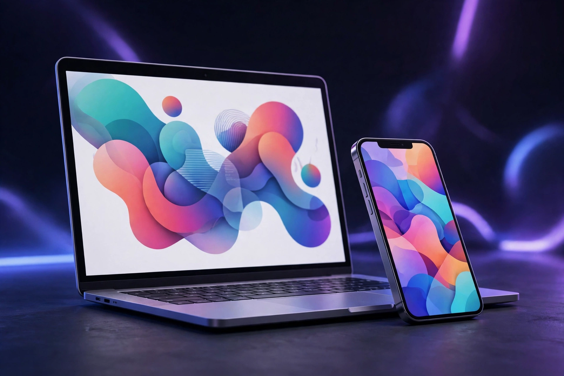 Laptop and phone showing colourful website and app designs